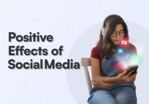 Young woman using smartphone with social media icons, showing positive effects like connection and support.